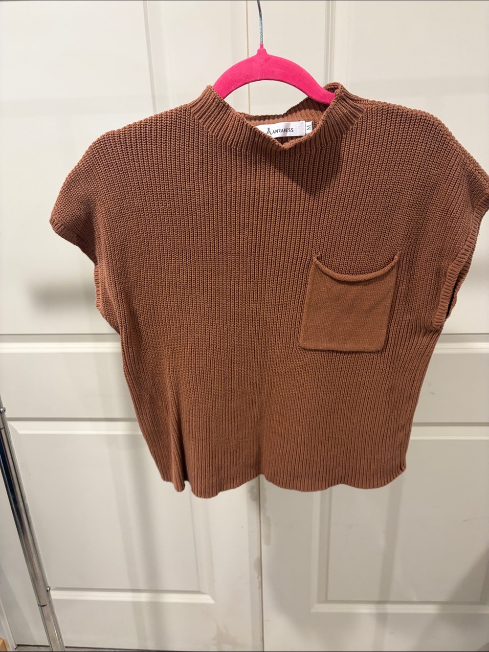 Anine Bing Chest Pocket Ribbed Knit Top in Warm Brown